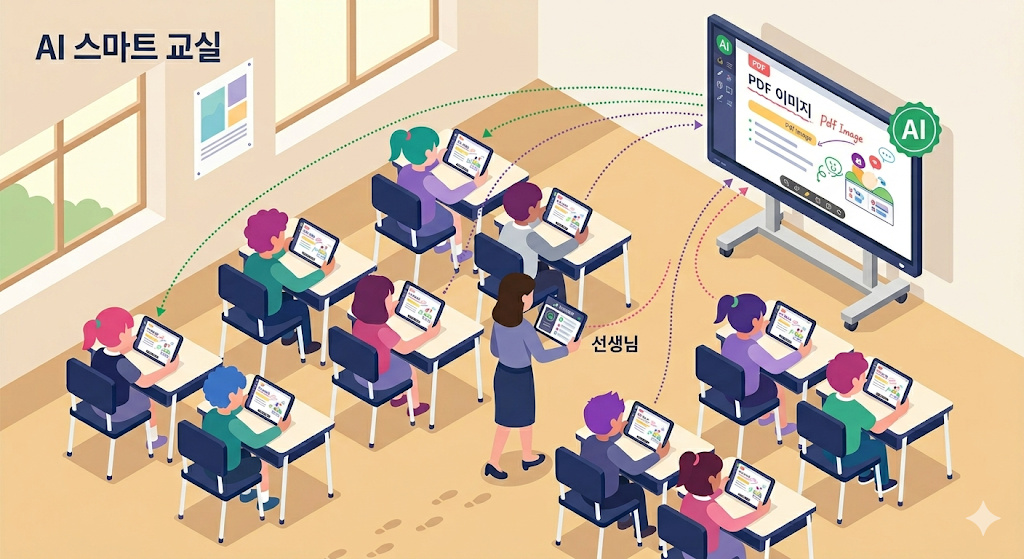 아임모로우(AIMMORROW) AIMO 스마트 교실 개념도 — 전자칠판이 LAN 허브가 되어 학생 태블릿·교사 단말과 실시간으로 연결